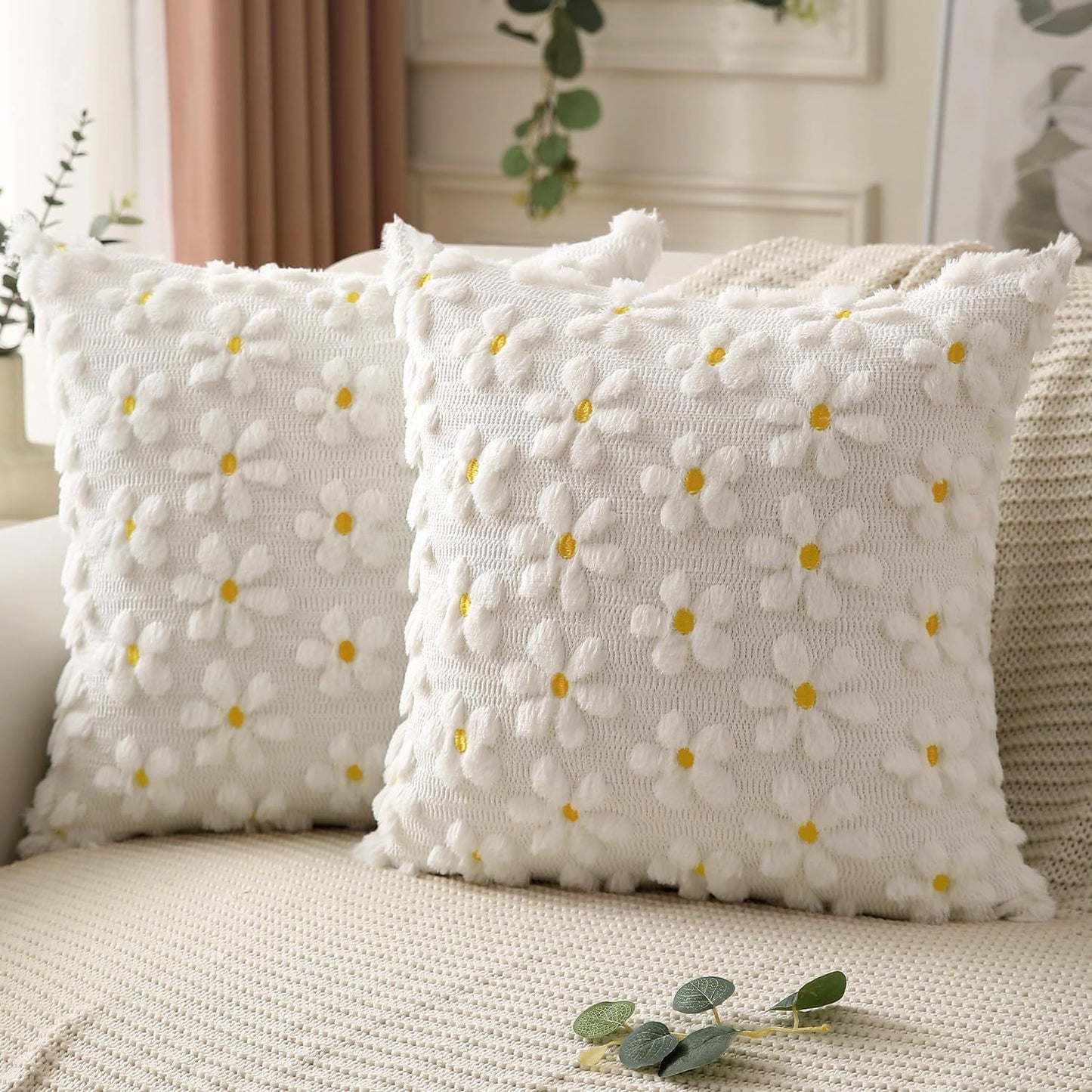 Ins Cream - Tone 3D Embroidered Pillow Set | 45×45cm Square Cushions for Sofa & Living Room | Cozy Home Decor
