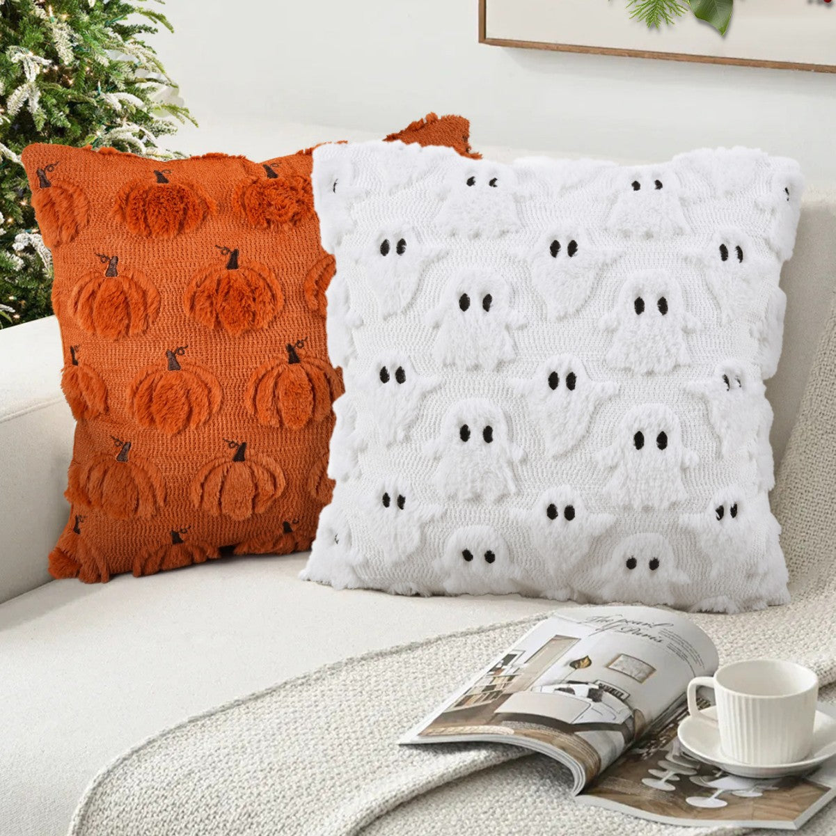 Halloween Pumpkin & Ghost Pillow Cover Set of 2 – Decorative Cushion Covers for Sofa, Bed, and Home Décor