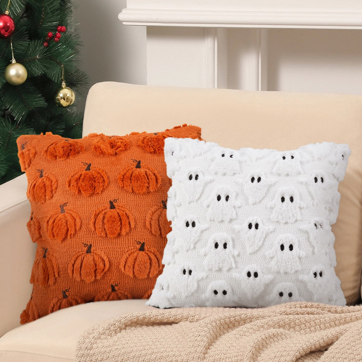 Halloween Pumpkin & Ghost Pillow Cover Set of 2 – Decorative Cushion Covers for Sofa, Bed, and Home Décor