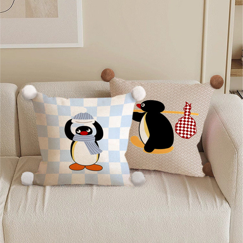 Set of 2 Cute Penguin Cushion Covers – Decorative Throw Pillow Cases with Pom-Poms, Cotton Linen, Hidden Zipper