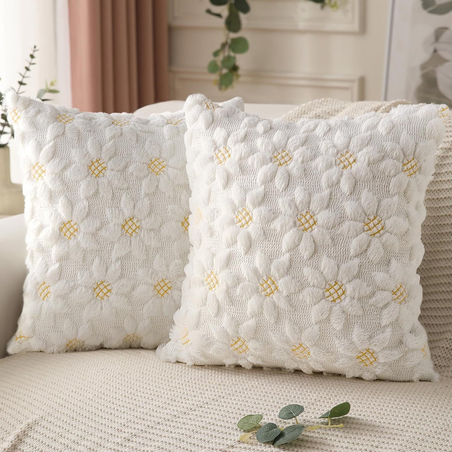 Ins Cream - Tone 3D Embroidered Pillow Set | 45×45cm Square Cushions for Sofa & Living Room | Cozy Home Decor