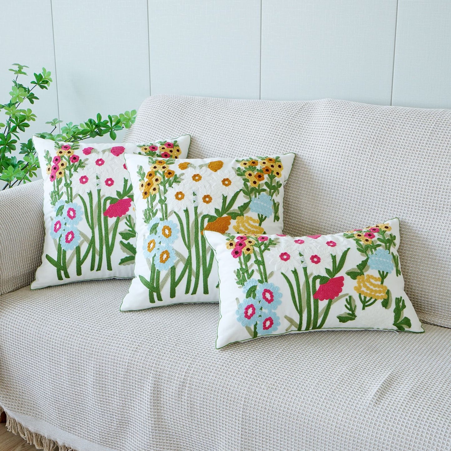 Rustic 3D Floral Embroidered Pillow Set | 2×45×45cm Squares + 2×30×50cm Rectangles | Nature - Inspired Sofa Cushions for Living Room