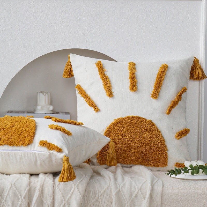 Sunrise Yellow Tufted Pillow Set | 45×45cm Square + 30×50cm Rectangle | Boho Tassel Decorative Cushions for Sofa & Bedroom