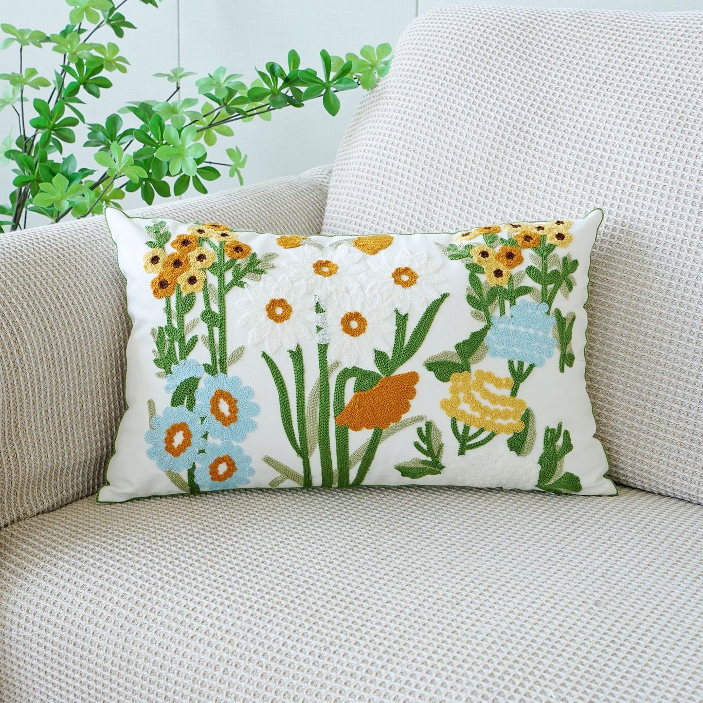 Rustic 3D Floral Embroidered Pillow Set | 2×45×45cm Squares + 2×30×50cm Rectangles | Nature - Inspired Sofa Cushions for Living Room
