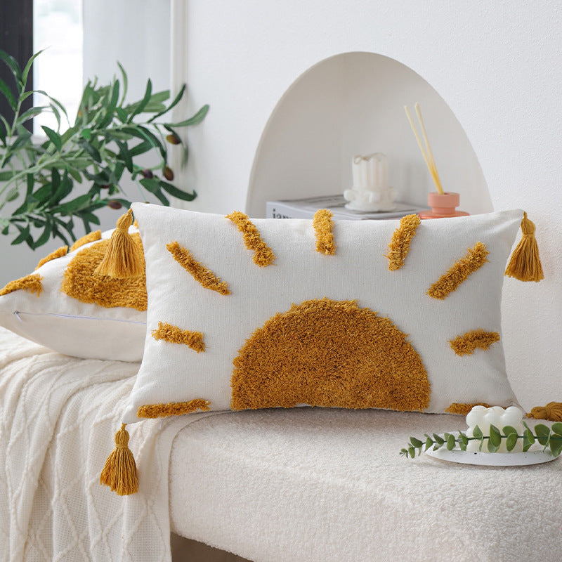 Sunrise Yellow Tufted Pillow Set | 45×45cm Square + 30×50cm Rectangle | Boho Tassel Decorative Cushions for Sofa & Bedroom