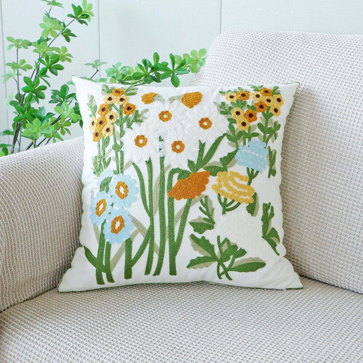 Rustic 3D Floral Embroidered Pillow Set | 2×45×45cm Squares + 2×30×50cm Rectangles | Nature - Inspired Sofa Cushions for Living Room