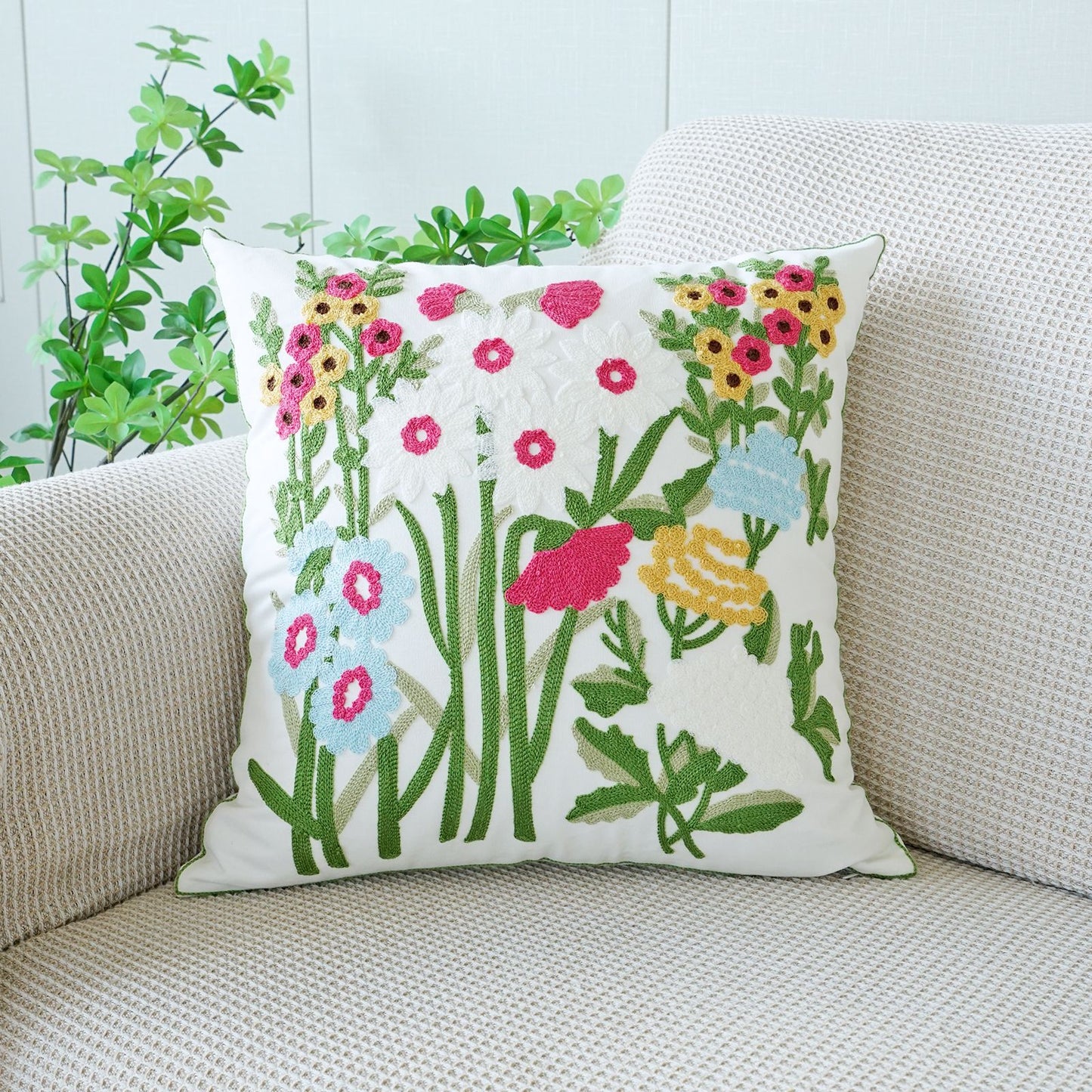 Rustic 3D Floral Embroidered Pillow Set | 2×45×45cm Squares + 2×30×50cm Rectangles | Nature - Inspired Sofa Cushions for Living Room