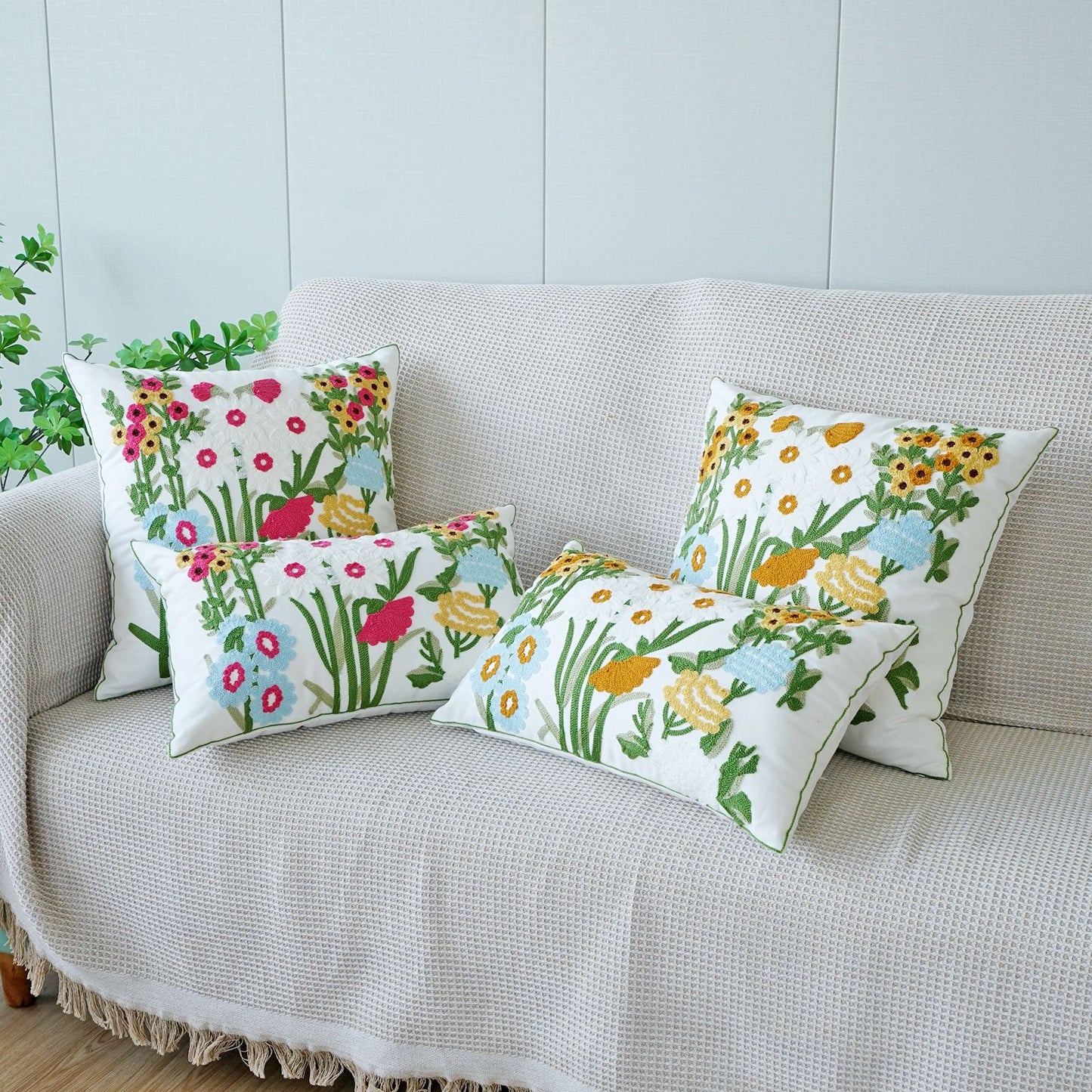 Rustic 3D Floral Embroidered Pillow Set | 2×45×45cm Squares + 2×30×50cm Rectangles | Nature - Inspired Sofa Cushions for Living Room
