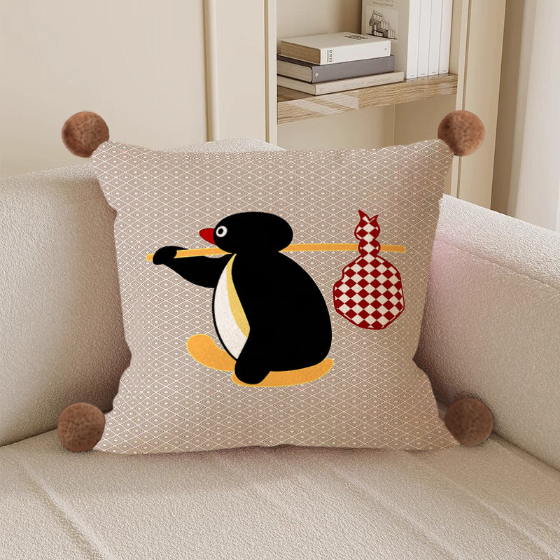 Set of 2 Cute Penguin Cushion Covers – Decorative Throw Pillow Cases with Pom-Poms, Cotton Linen, Hidden Zipper