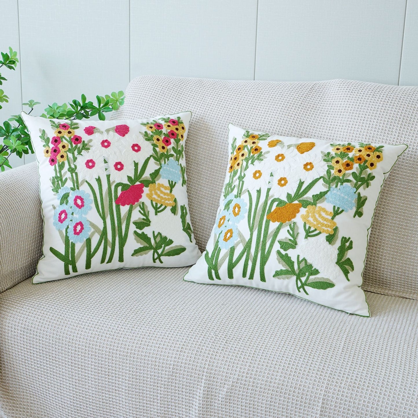 Rustic 3D Floral Embroidered Pillow Set | 2×45×45cm Squares + 2×30×50cm Rectangles | Nature - Inspired Sofa Cushions for Living Room