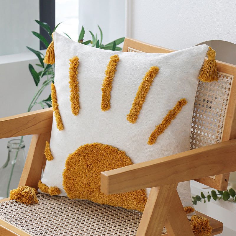 Sunrise Yellow Tufted Pillow Set | 45×45cm Square + 30×50cm Rectangle | Boho Tassel Decorative Cushions for Sofa & Bedroom
