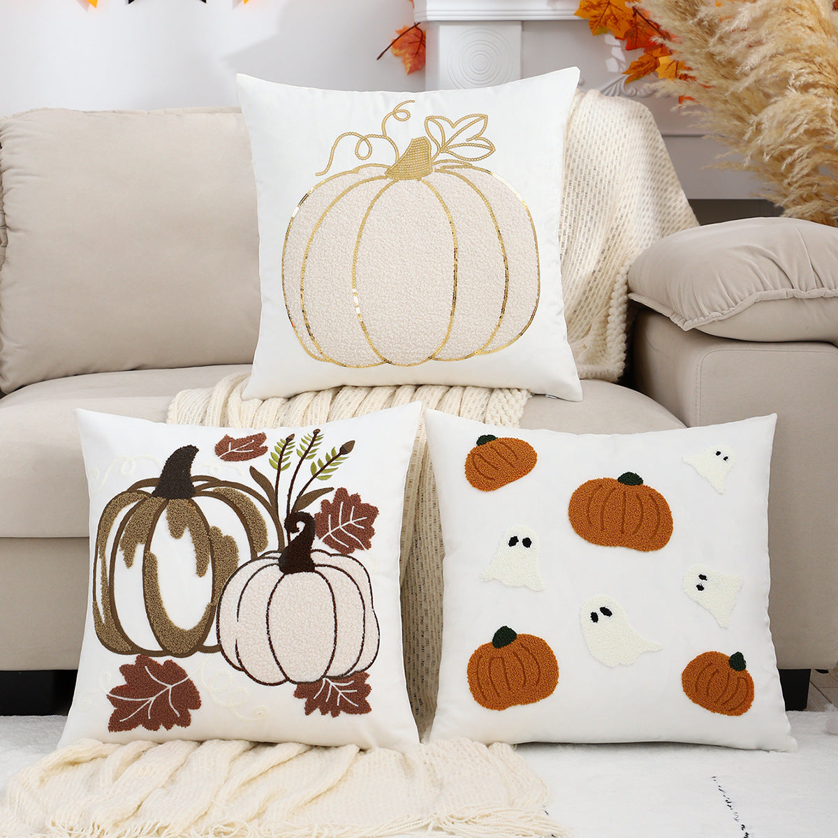 Halloween Pumpkin Embroidered Pillow Covers 3-Piece Set – Decorative Cushion Covers for Sofa, Bed & Home Decor