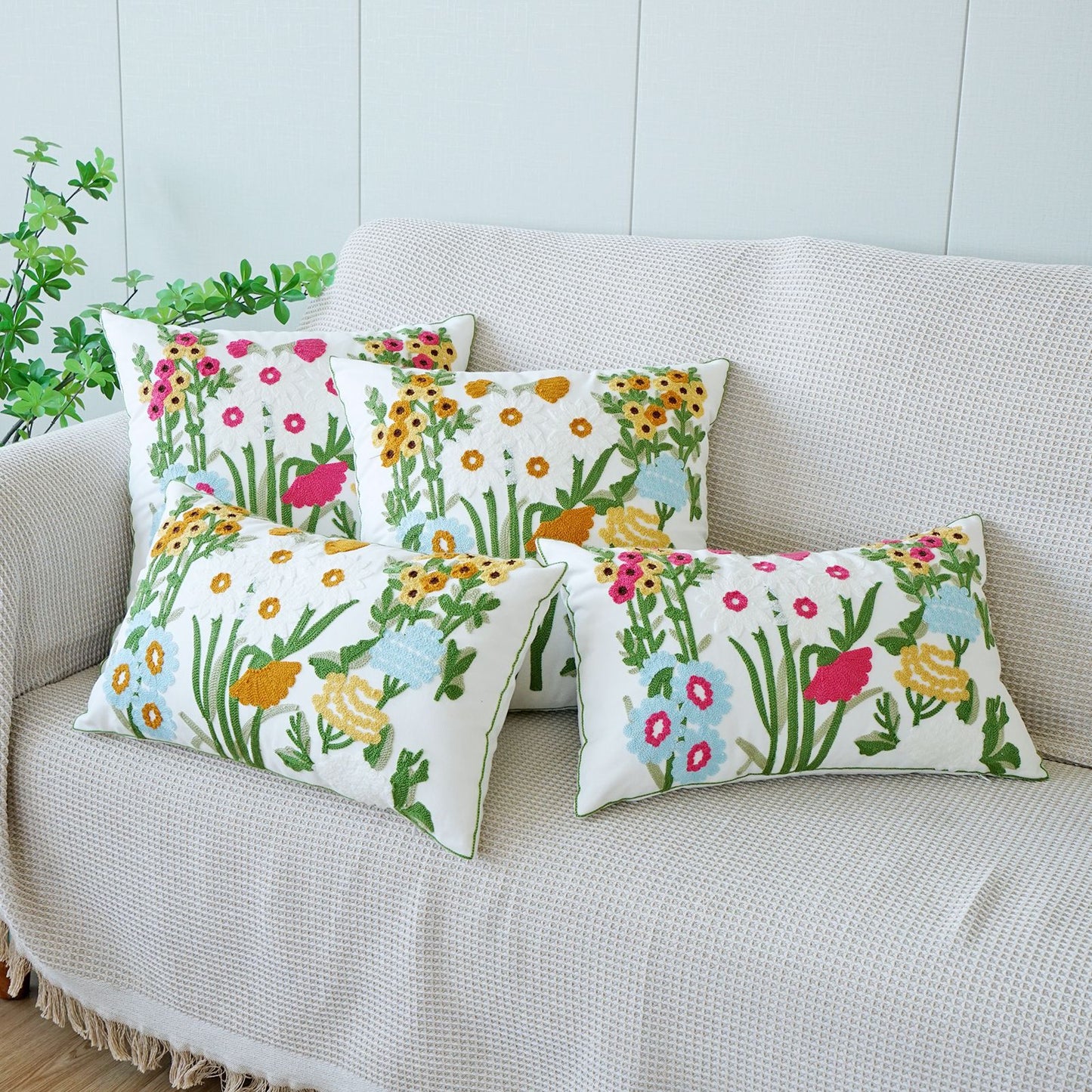 Rustic 3D Floral Embroidered Pillow Set | 2×45×45cm Squares + 2×30×50cm Rectangles | Nature - Inspired Sofa Cushions for Living Room