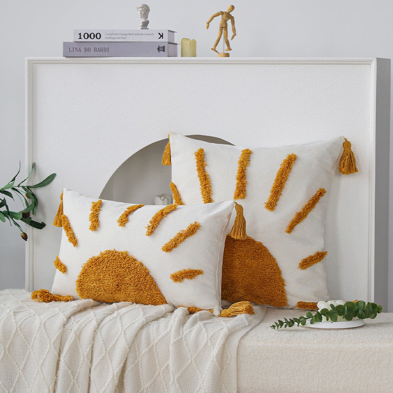 Sunrise Yellow Tufted Pillow Set | 45×45cm Square + 30×50cm Rectangle | Boho Tassel Decorative Cushions for Sofa & Bedroom