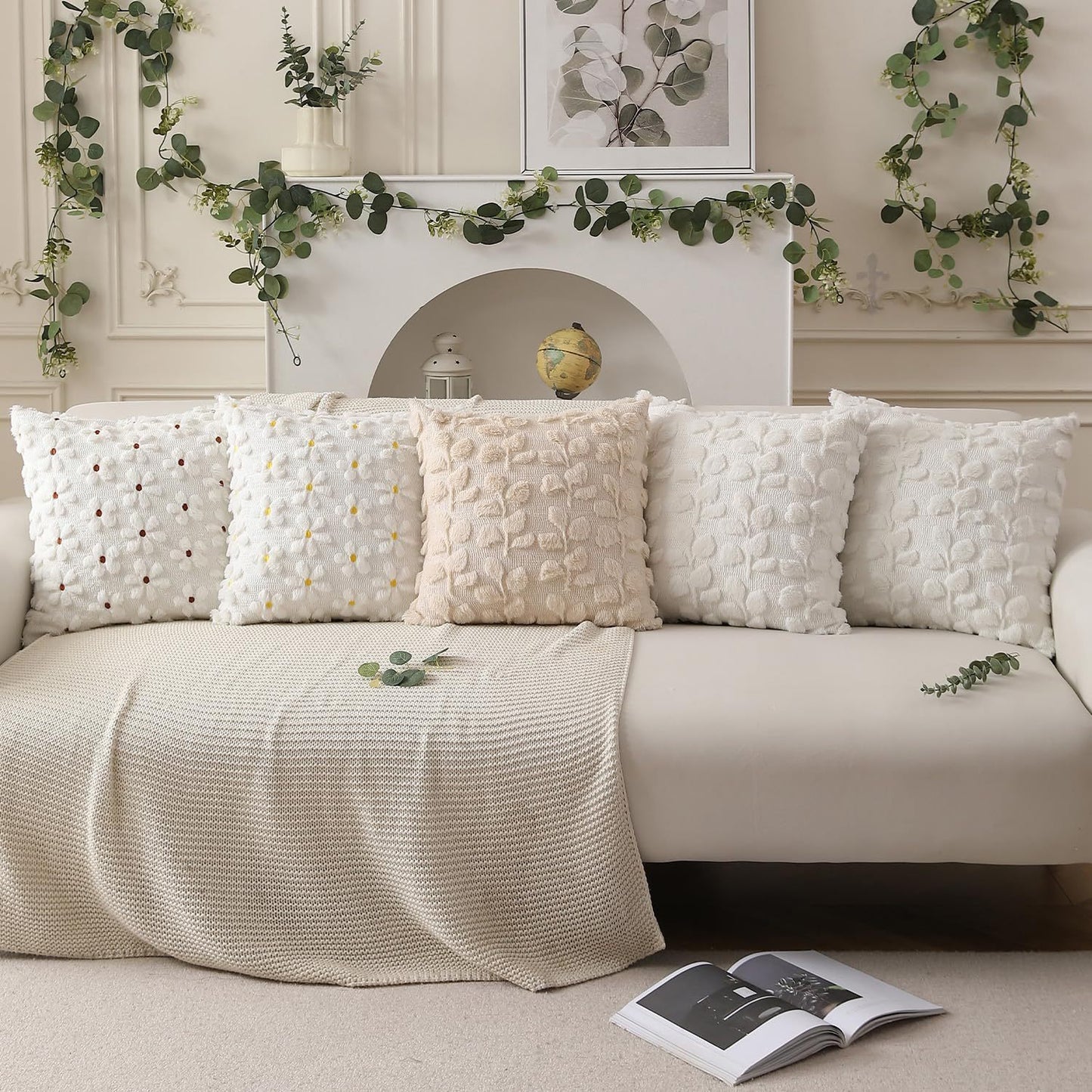 Ins Cream - Tone 3D Embroidered Pillow Set | 45×45cm Square Cushions for Sofa & Living Room | Cozy Home Decor