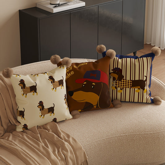 Cartoon Dog Pillowcase Set with Pom-Pom Trim – Decorative Cushion Covers for Sofa, Bed, and Home Décor