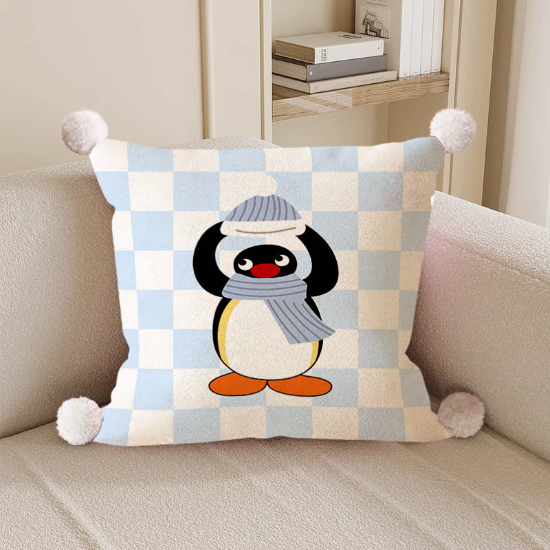 Set of 2 Cute Penguin Cushion Covers – Decorative Throw Pillow Cases with Pom-Poms, Cotton Linen, Hidden Zipper