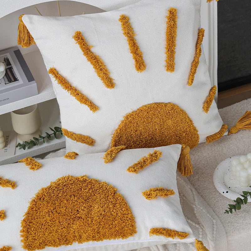 Sunrise Yellow Tufted Pillow Set | 45×45cm Square + 30×50cm Rectangle | Boho Tassel Decorative Cushions for Sofa & Bedroom