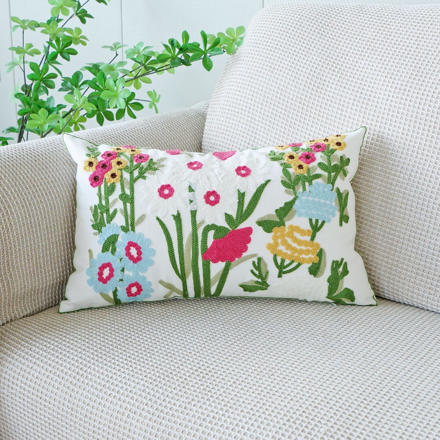 Rustic 3D Floral Embroidered Pillow Set | 2×45×45cm Squares + 2×30×50cm Rectangles | Nature - Inspired Sofa Cushions for Living Room